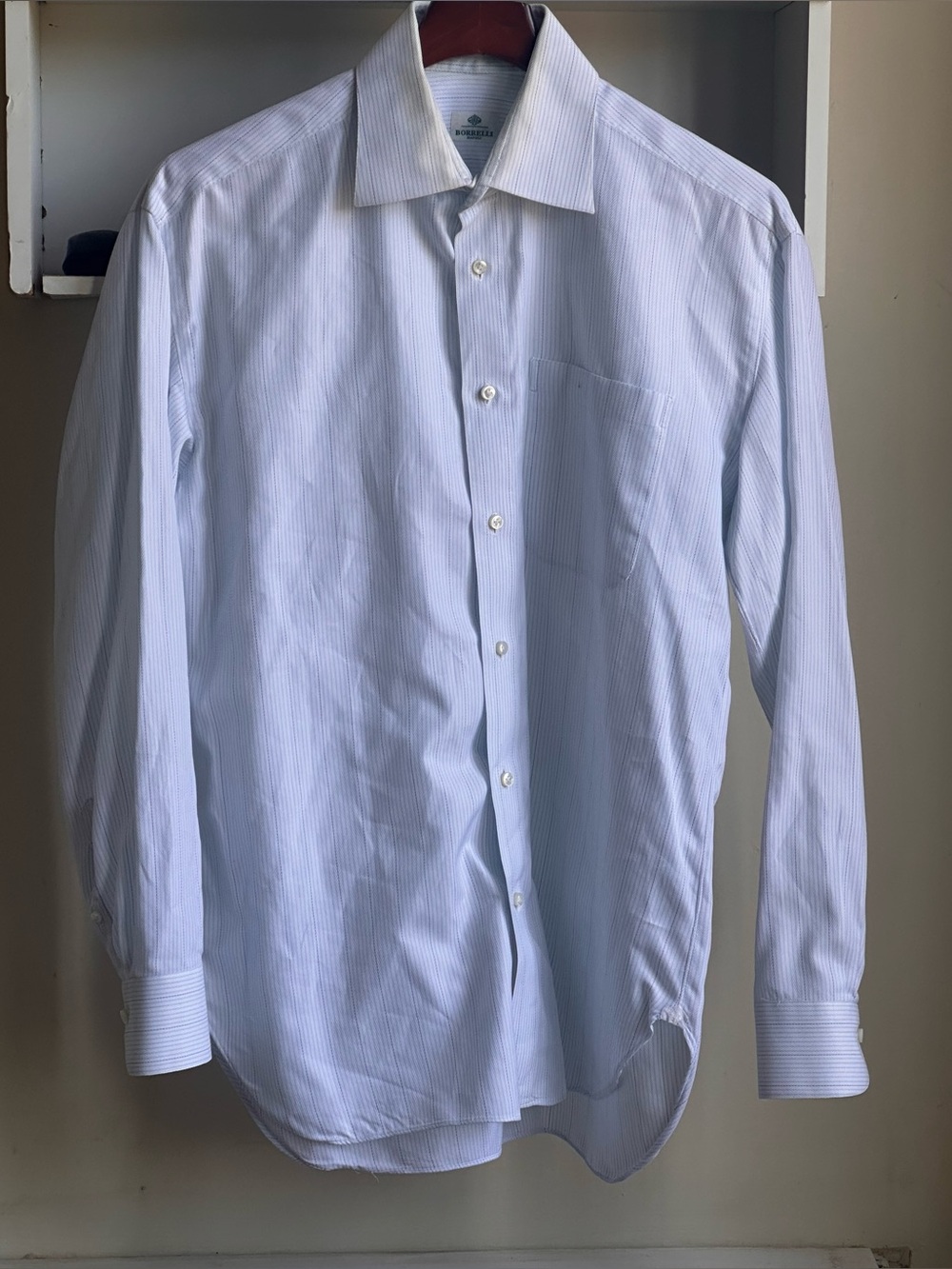 Borrelli Napoli Multicolor Light Blue White Stripes Men’s Dress Shirt Size 15.5